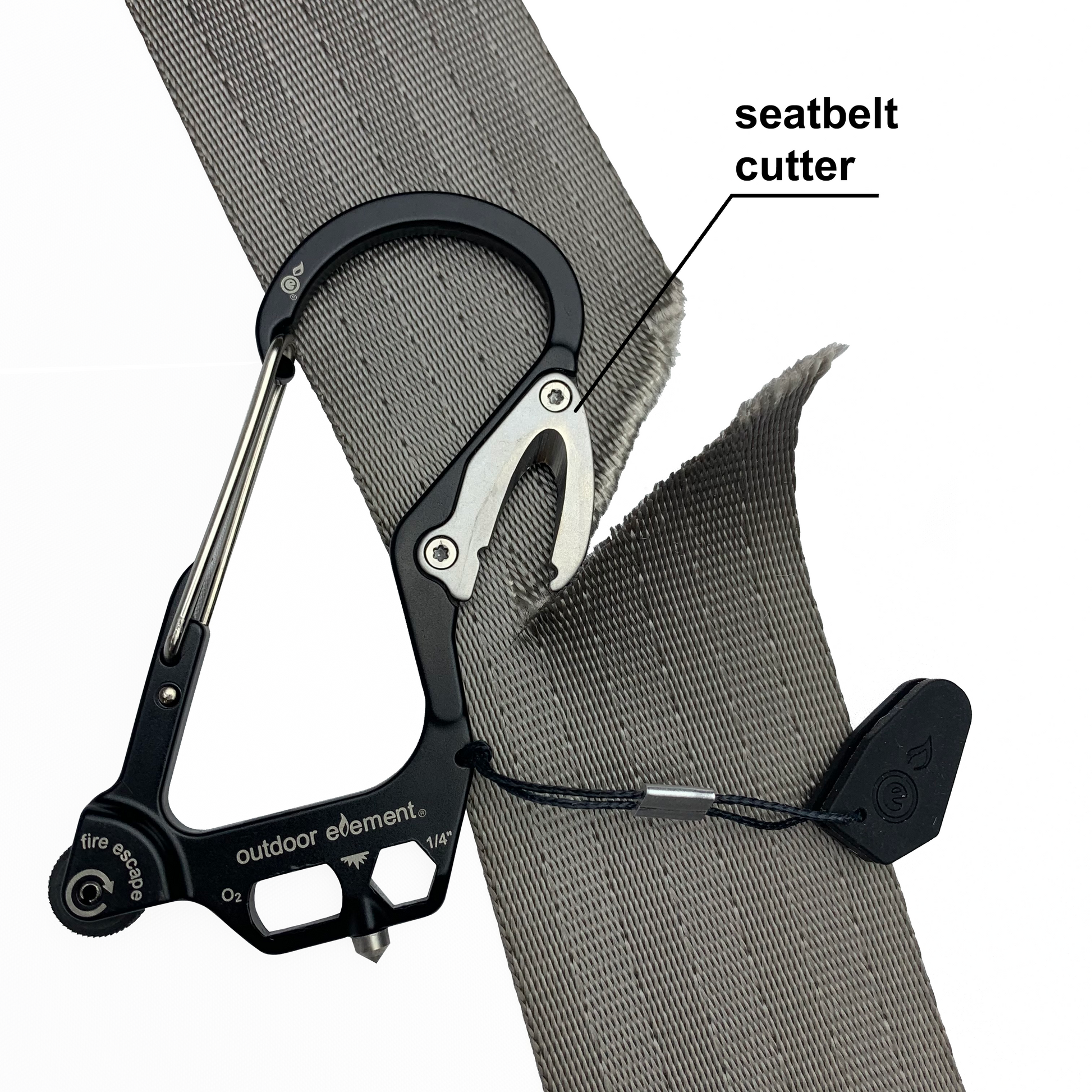 Fire Escape Multitool Carabiner showing seatbelt cutting feature